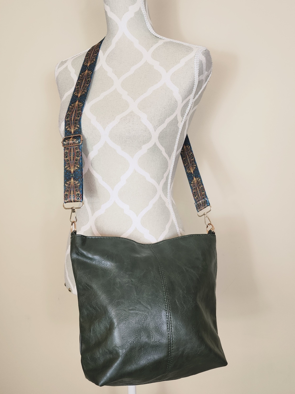 Olive Green Faux Leather Boho Crossbody Bag with Adjustable Strap